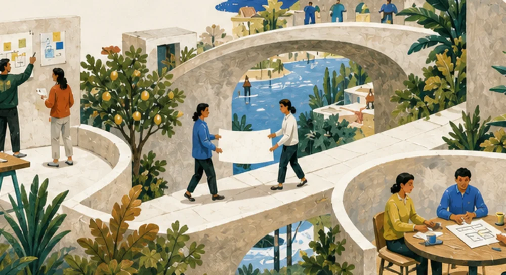 An illustrated terrace where people share ideas around a table, connected by a bridge.