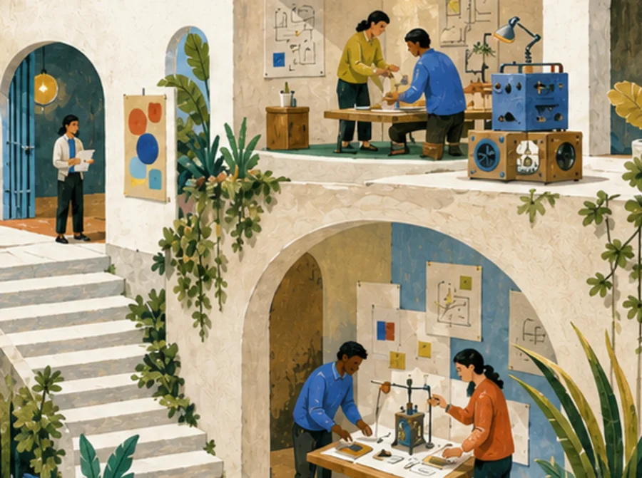 Illustrated makers experimenting together in an open, plant-filled workshop.